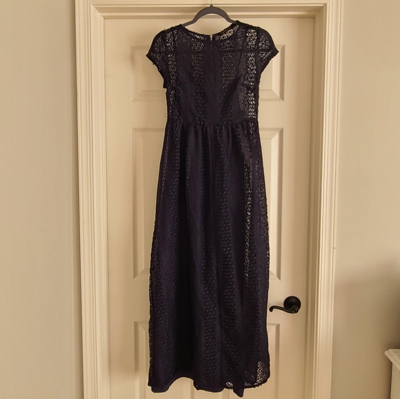 Zara Crochet Lace Overlay Maxi Dress Navy Blue Black Gown Small - Picture 2 of 8